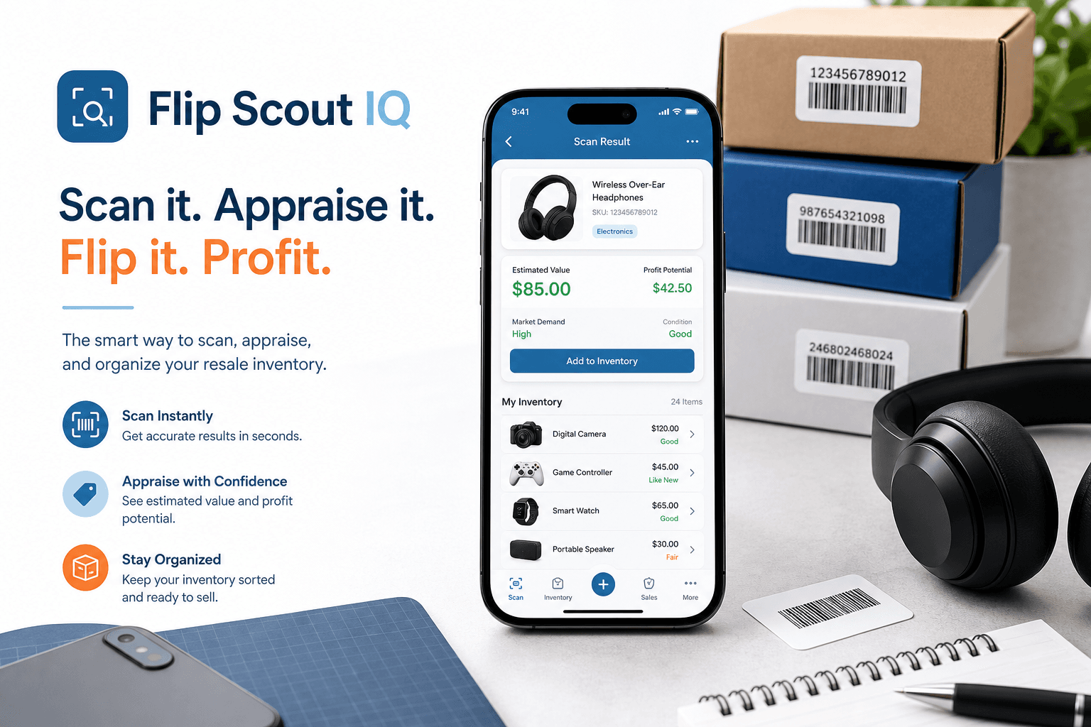 Flip Scout IQ app scanning products, showing appraisal values, and organizing resale inventory